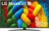 A television screen displaying a colorful abstract image with text overlays. Voir les images du produit