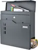 A gray metal mailbox with a newspaper compartment is shown against a white background. Magazines are visible inside the top slot, and newspapers are peeking out of the bottom compartment. Produktbild-Vorschau