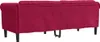 The back view of a burgundy velvet sofa with tufted backrest and rolled arms, resting on black legs. Produktbild-Vorschau