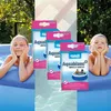 Two children are in an inflatable pool, with product packaging for "mediPOOL Aquablanc Mini Pool Set Sauerstoff" displayed prominently. Produktbild-Vorschau