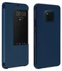 A dark blue flip cover for a Huawei Mate 20 Pro phone is shown from two angles, with the front cover displaying a smart view window showing the time and date. Anteprima dell’immagine prodotto