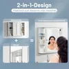 A diagram showing how a wall cabinet and a mirror combine to form a bathroom mirror cabinet, with a woman using it. Produktbild-Vorschau