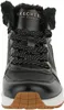 A close-up, front-facing view of a black Skechers sneaker with white polka dot laces and black faux fur trim. Náhled obrázku produktu