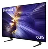 A Samsung OLED television with a colorful abstract image displayed on its screen, shown from a side angle on its stand. Produktbild-Vorschau