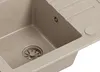 A close-up view of a beige granite kitchen sink with a drain and a circular cover. Produktbild-Vorschau