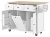 A white kitchen island with a wooden countertop is shown with its doors and drawers open. Podgląd zdjęcia produktu