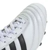 A close-up view of the toe and laces of a white Adidas soccer cleat with black stripes. Produktbild-Vorschau