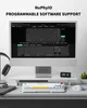 A computer setup with a monitor displaying keyboard software, a keyboard, headphones, and a mouse. Produktbild-Vorschau
