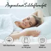 A woman sleeping comfortably in bed, with icons and text highlighting product features. Produktbild-Vorschau