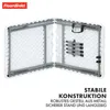 A white folding table is shown from an overhead, partially opened perspective. The table is made of white plastic with a metal frame and legs. The legs are folded and attached to the underside of one of the table halves. Text overlays describe the product' Produktbild-Vorschau