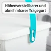 Close-up of a white storage box with a turquoise handle strap, with text overlay. Produktbild-Vorschau
