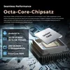 A close-up of a computer chip with text overlays describing the product's features. Produktbild-Vorschau