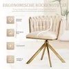 A beige velvet armchair with gold metal legs, presented with feature callouts. Produktbild-Vorschau