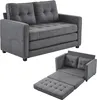 A gray sofa bed is shown in two configurations: as a sofa and as a bed. The sofa is a two-seater with tufted cushions. The bed configuration shows the mattress extended. Produktbild-Vorschau