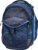 A close-up view of a blue backpack with a geometric pattern. Produktbild-Vorschau
