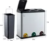 A product shot of a multi-compartment trash can with dimensions shown. Voir les images du produit