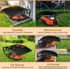 Collage of images showing a robotic lawnmower garage in different settings and highlighting its features. Produktbild-Vorschau