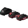A black battery charger and two black and red batteries are shown against a white background. Produktbild-Vorschau