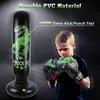A young boy wearing boxing gloves is posing in front of an inflatable dinosaur punching bag. Produktbild-Vorschau