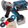 A Bosch cordless angle grinder kit is displayed with its accessories and case. Produktbild-Vorschau