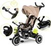 A studio shot of a beige and black children's tricycle with various features highlighted by circular callouts. Produktbild-Vorschau