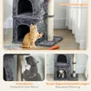 A collage of images showcasing a cat tree with cats interacting with it, highlighting its features and benefits. Produktbild-Vorschau
