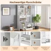 A white entryway storage unit with multiple compartments for shoes, coats, and other items, set against a light gray wall and a window with a plant. Podgląd zdjęcia produktu