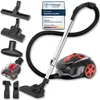 A collage of a bagless vacuum cleaner and its various attachments, along with a certification badge. Produktbild-Vorschau