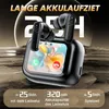 A pair of black wireless earbuds with a charging case that has a screen displaying a phone call interface. The background is dark and textured, with large white numbers '25' visible behind the earbuds. Produktbild-Vorschau