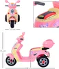 A collage of images showing a pink and yellow children's electric scooter from different angles, with dimensions indicated. Náhled obrázku produktu