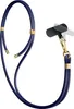 A dark blue lanyard with gold accents and a phone clip attachment, presented against a white background. Produktbild-Vorschau