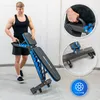 A man is demonstrating how to move a foldable weight bench. Insets show close-ups of the handle and wheels, and a circular graphic with a wheel icon. Náhľad obrázku produktu