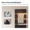 A black towel radiator with a towel hanging on it, accompanied by two inset images illustrating features. Anteprima dell’immagine prodotto
