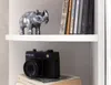 A shelf with decorative items, including a silver rhino figurine and a black camera. Anteprima dell’immagine prodotto
