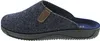 A side view of a blue felt slipper with a brown leather accent. Voir les images du produit