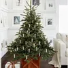 A Christmas tree decorated with candle-like lights in a wooden stand, with a gift box at its base, and framed pictures on the wall behind it. Produktbild-Vorschau