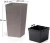 A tall, square planter with a woven texture and a separate black insert are shown against a white background. Dimensions are indicated with text and lines. Náhled obrázku produktu