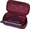 An open burgundy pencil case with geometric patterned lining, showing a clear plastic ruler and protractor inside. Voir les images du produit