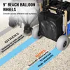 A beach wagon with large balloon wheels is shown on a sandy surface, with text highlighting the benefits of its wheels compared to others. Produktbild-Vorschau