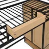 A close-up view of a bed frame with an attached wooden drawer and cabinet. Produktbild-Vorschau