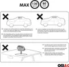 An instructional diagram showing how to install a roof-mounted carrier on a car, with warnings and speed limits. Produktbild-Vorschau