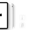 A white stylus pen is shown next to a tablet displaying the Apple logo, with close-up insets of the stylus tip and charging cable. Voir les images du produit