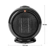 A black, spherical portable electric heater with a mesh front and a small orange indicator light is shown against a white background. Dimensions are indicated with lines and text. Produktbild-Vorschau