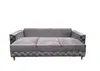 A grey velvet sofa with tufted details is presented against a white background. Produktbild-Vorschau