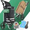 A collage of a shopping trolley, a box, and accessories against a green background. Produktbild-Vorschau