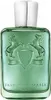 A green glass perfume bottle with a silver cap, featuring embossed horses and a shield emblem. Anteprima dell’immagine prodotto