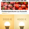 The image shows a comparison of LED light quality and color temperature, with strawberries used to illustrate color rendering and two light bulbs representing different color temperatures. Náhled obrázku produktu