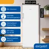 A white upright freezer is shown with various feature callouts and dimensions. Produktbild-Vorschau
