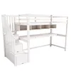 A white loft bed with stairs, a desk, and shelves. Produktbild-Vorschau