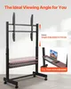 A mobile TV stand with adjustable height and tray, shown with text overlays highlighting its features. Anteprima dell’immagine prodotto